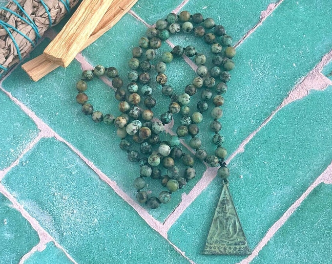 Mala Beads For Change - Buddha Pendant Mala Necklace - African Turquoise Mala Beads - 108 Bead Mala - Third Eye Chakra Mala - Seated Buddha
