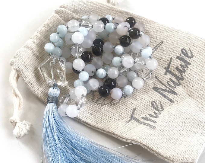 Quiet The Mind Mala Necklace - Clear Quartz Bead Beads - Smokey Quartz Beads - Aquamarine & Agate Beads - 108 Mala Beads - Japa Mala