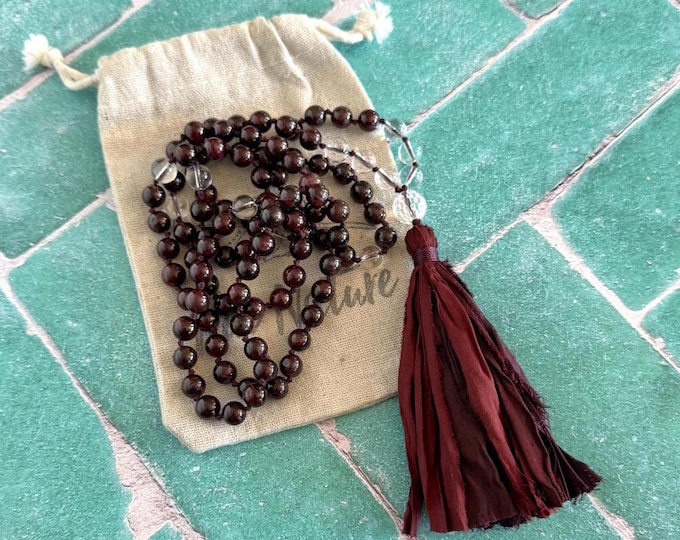 Overcome Your Fears Mala Beads - Garnet Mala Necklace With Clear Quartz Beads - Root Chakra Mala - 108 Beads Hand Knotted - Sari Silk Tassel