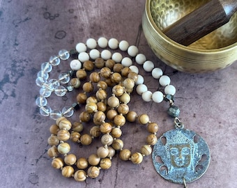 Buddha Pendant Mala Necklace - Riverstone & Jasper Beads - 108 Bead Knotted Mala - Spiritual Meditation Jewelry