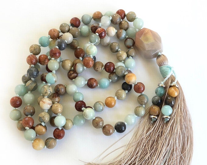 White Jade and Sunstone Hand-Knotted Mala 108 and Guru Bracelet Necklace with 4-mm Beads and a Beaded Tassel 1449