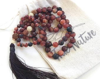 Dark Brown Dream Agate Mala, Long Tassel Mala Beads, Rudraksha And Jade Mala, Knotted 108 Bead Mala, Healing Yoga Jewelry, Mala Beads
