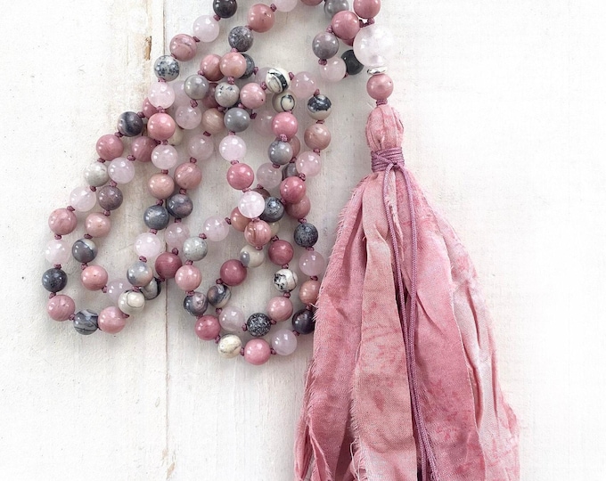 Mala For Universal Love - Rhodonite and Porcelain Jasper Mala Necklace - Rose Quartz Mala Beads - 108 Bead Mala - Hand Knotted - Yoga Gifts