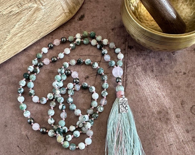 Ease Emotional Stress  Mala Beads - Tree Agate & Rose Quartz Mala Necklace - 108 Mala Beads - Yoga Prayer Beads - Lotus Flower Charm