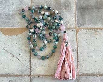 Ease Emotional Stress  Mala Beads - Tree Agate & Rose Quartz Mala Necklace - 108 Mala Beads - Yoga Prayer Beads - Lotus Flower Charm