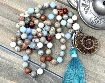 Lift Your Spirits Mala Beads - Ammonite Mala Bead Necklace - African Opal Mala Beads - Hand Knotted Mala - 108 Bead Mala