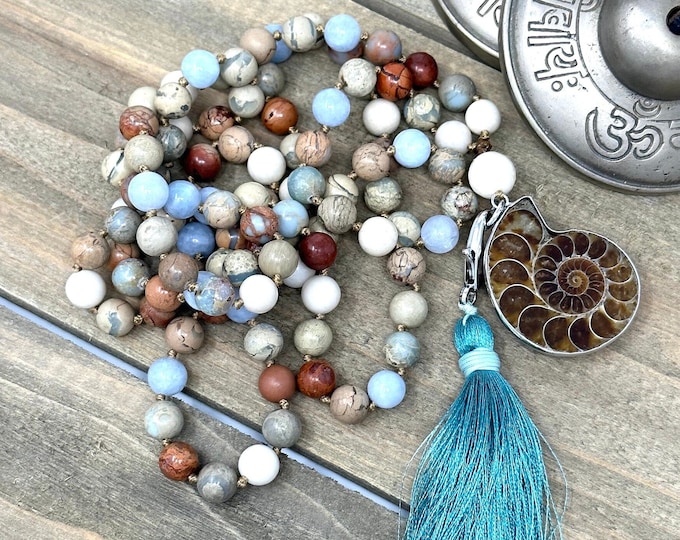 Lift Your Spirits Mala Beads - Ammonite Mala Bead Necklace - African Opal Mala Beads - Hand Knotted Mala - 108 Bead Mala