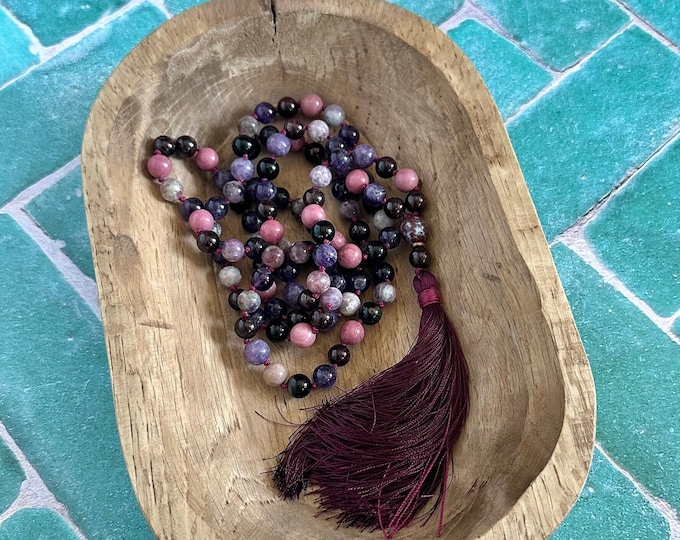 Heart Chakra Mala - Watermelon Tourmaline Mala Necklace - Rhodonite - Garnet - Lepidolite - 108 Beads Hand knotted - Mala With Tassel