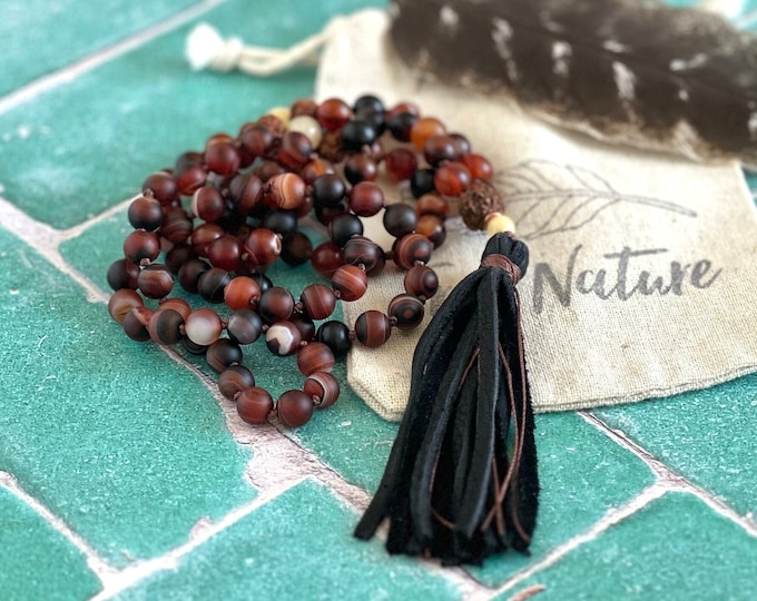 Accept Yourself Mala Beads - Dream Agate Mala - 108 Mala Beads - Rudraksha And Jade Mala - Knotted Mala - Japa Mala