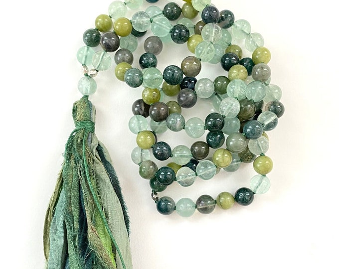 Mala For The Heart Chakra, Hand Knotted, Sari Silk Tassel