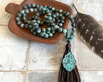 Mala For Growth - African Turquoise Mala Beads - Hand-Knotted 108 Beads - Buddha Pendant