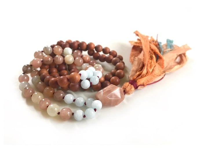 Mala Of The Sun, Moon & Water, Sunstone, Moonstone and Aquamarine, 108 Mala Necklace