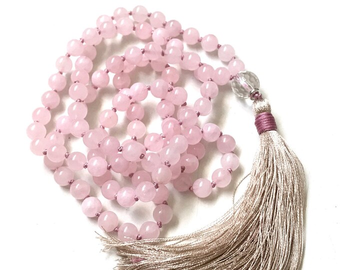 Inner Peace Mala - Rose Quartz Mala Beads - Clear Quartz Guru Bead - Hand Knotted - Mala For Love - 108 Bead Mala - Meditation Mala