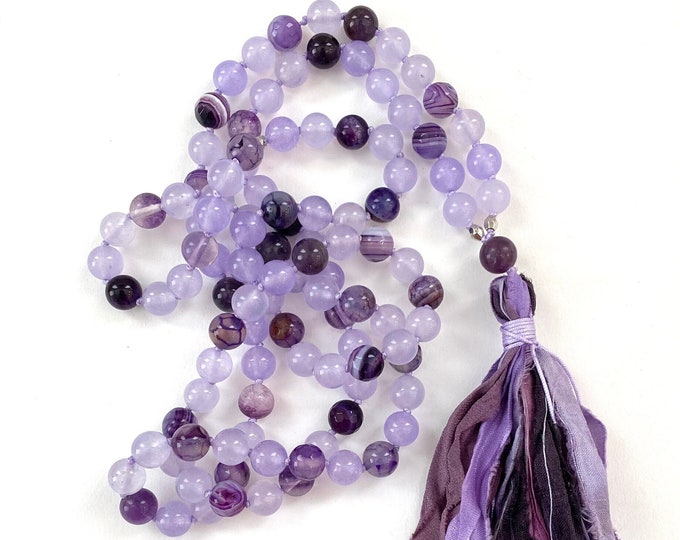 Crown Chakra Mala Beads - Sahasrara Mala Necklace - Chakra Healing - Higher Consciousness - Jade - Amethyst - Lepedolite - Agate - Fluorite