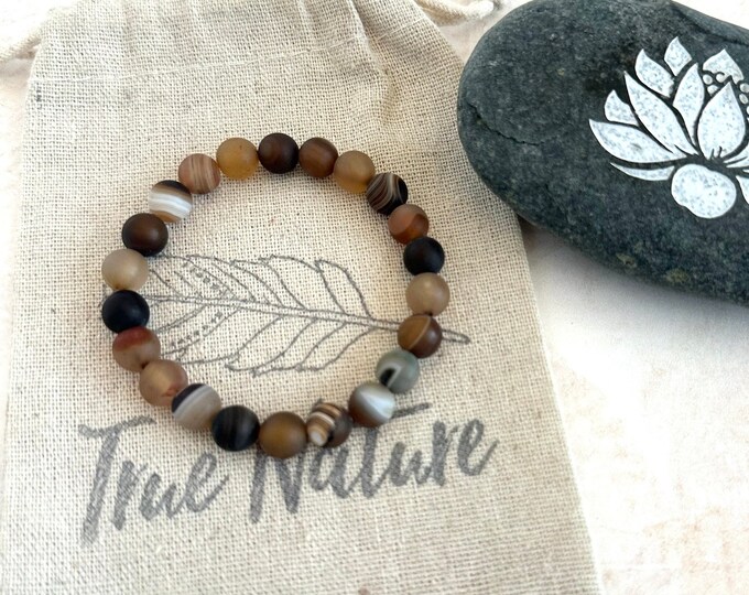 Brown Striped Agate  -  Stretch Bracelet - Stacking Bracelet - Casual Festival Jewelry - Mala Bead Bracelet