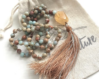 Energize Your Soul - Citrine Mala Beads - African Opal Mala Necklace - 108 Mala Beads - Meditation Mala - Silk Tassel - Prayer Beads