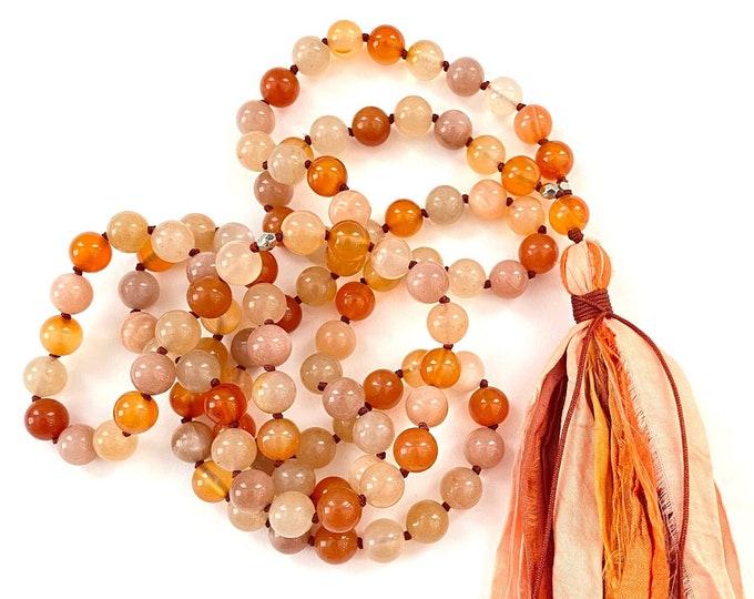 Sacral Chakra Mala Beads - Svadhisthana Mala Necklace - 108 Beads - Hand Knotted  - Carnelian - Aventurine - Moonstone - Sunstone