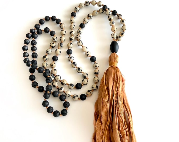 Release Emotional Attachments Mala - Black Lava Mala Beads - Dalmatian Jasper - 108 Bead Knotted Mala - Tassel Mala - Black Onyx Guru Bead