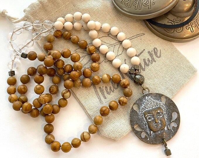 Heal Your Aura - Mala Beads - 108 Bead Mala Necklace - Clear Quartz Beads - Hand Knotted Mala - Buddha Pendant - Meditation Mala - Healing