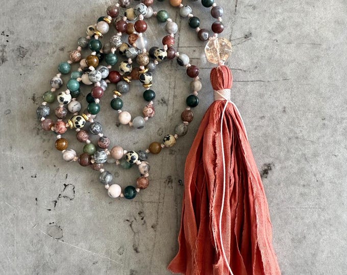 Mixed Jasper Mala Bead Necklace - Mala For Calm & Clarity - Unique Hand Knotted Mala - Sari Silk Tassel - Mala For Meditation Practice
