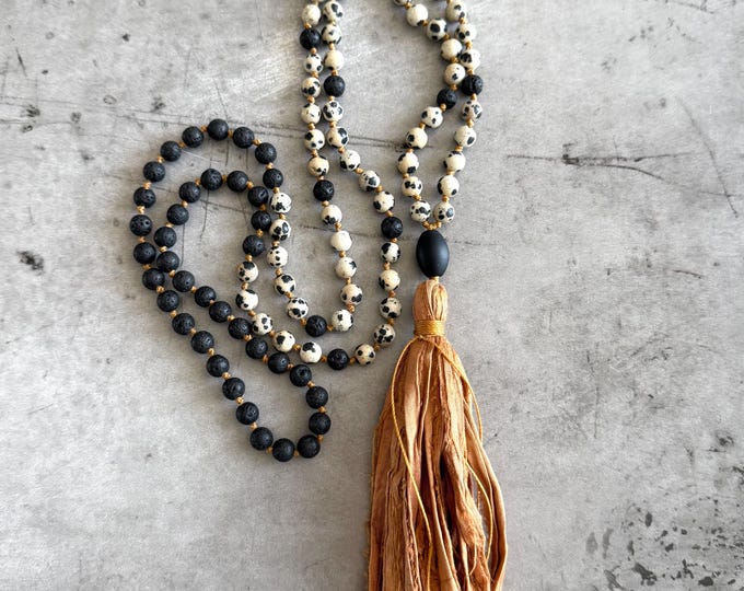 Release Emotional Attachments Mala - Black Lava Mala Beads - Dalmatian Jasper - 108 Bead Knotted Mala - Tassel Mala - Black Onyx Guru Bead