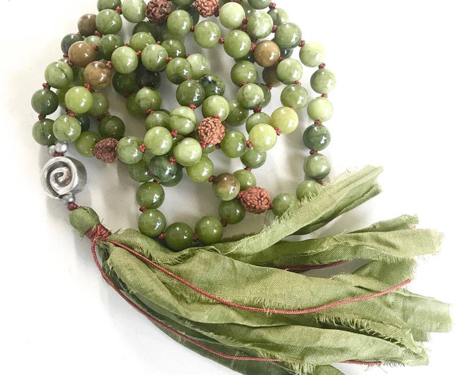 Jade Mala Necklace - Knotted Between Each Bead - Rudraksha Beads - 108 Beads Mala - Sari Silk Tassel - Hand Knotted - Mala For Meditation