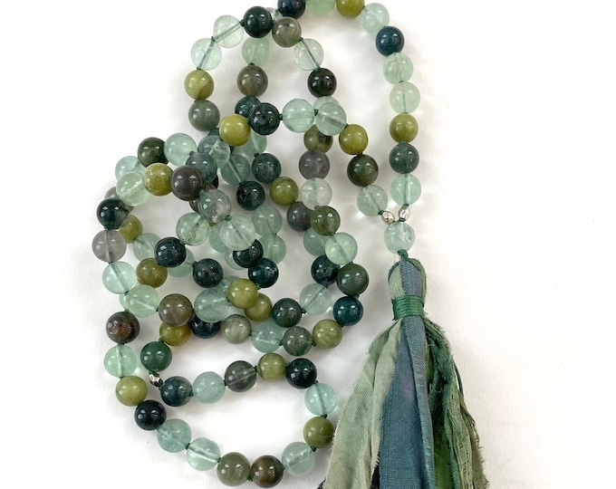 Heart Chakra Mala Beads - Anahata Mala Necklace - Chakra Healing - 108 Beads - Hand Knotted - Moss Agate - Fluorite - Jade - Chrysoprase