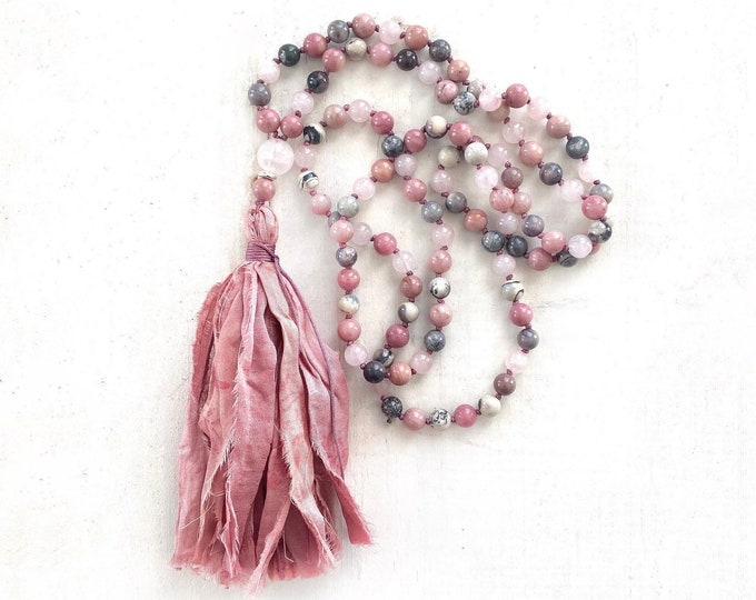 Emotional Balance Mala Beads -  Sari Silk Tassel - 108 Prayer Beads - Soft Gentle Mala Beads - Hand Knotted - Mindfulness Meditation Mala
