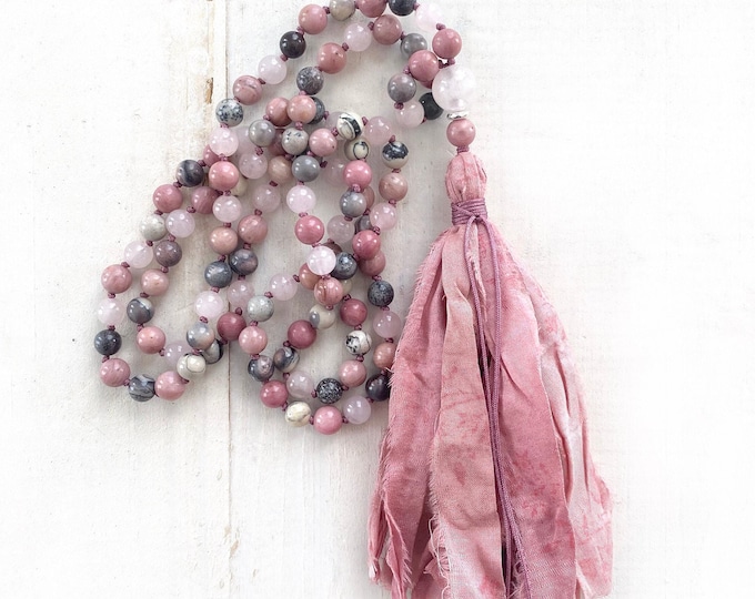 Mala Beads For Self Love, Rhodonite, Porcelain Jasper and Rose Quartz, 108 Beads