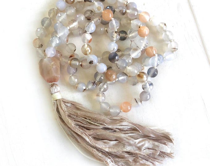 Nurture Yourself Mala Beads - Sunstone Mala Necklace - Agate Stones - Mala With Sari Silk Tassel - Knotted Mala - Mala Beads 108