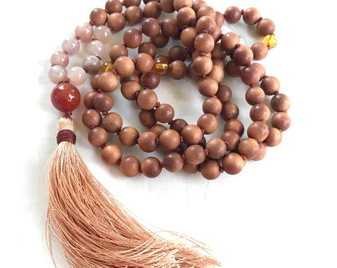 Mala For Happiness - Sunstone & Moonstone Mala Necklace - Fragrant Sandalwood Beads - 108 Beads - Hand Knotted - Earthy Mala Beads