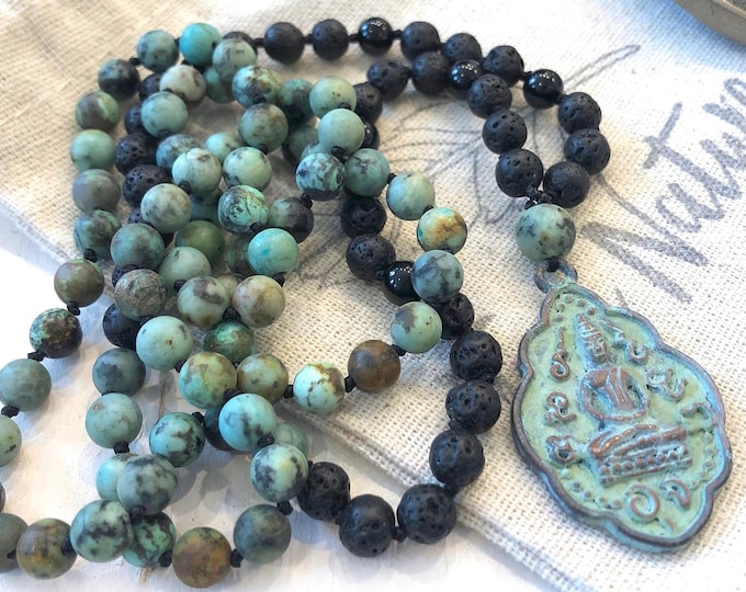 Release Emotional Attachments Mala Beads - African Turquoise Mala Necklace - Black Lava Mala - Seated Buddha Pendant - 108 Beads Mala