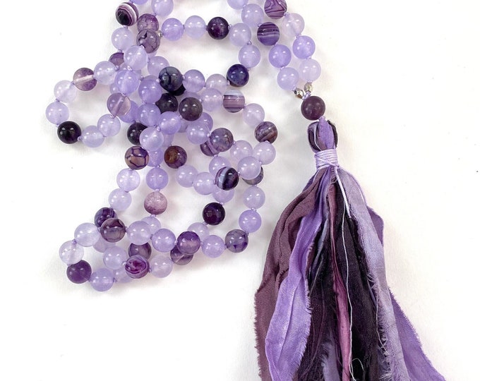 Crown Chakra Mala Beads - Sahasrara Mala Necklace - Chakra Healing - Higher Consciousness - Jade - Amethyst - Lepedolite - Agate - Fluorite