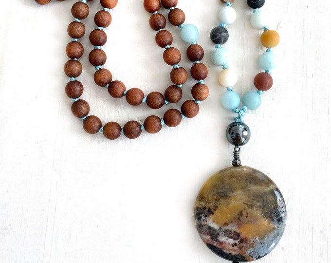 Positive Vibrations Mala - Sandalwood Mala Beads - Amazonite - Hematite Mala Necklace - Mala Beads 108 - Japa Mala - Mala For Meditation