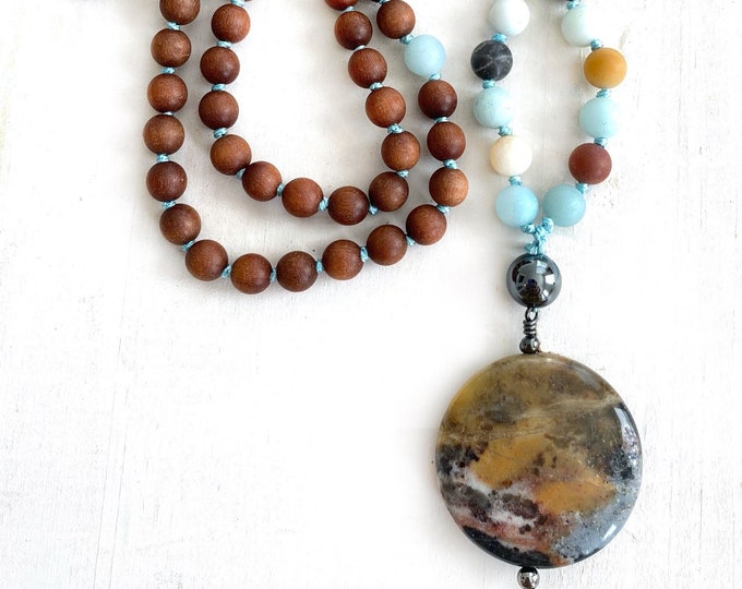 Positive Vibrations Mala - Sandalwood Mala Beads - Amazonite - Hematite Mala Necklace - Mala Beads 108 - Japa Mala - Mala For Meditation