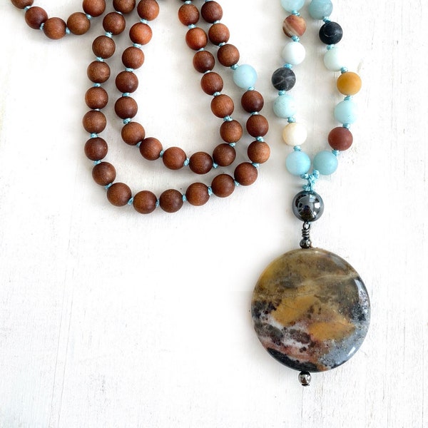 Positive Vibrations Mala - Sandalwood Mala Beads - Amazonite - Hematite Mala Necklace - Mala Beads 108 - Japa Mala - Mala For Meditation