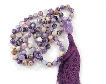 Calm Your Fears Mala  - Flower Amethyst Mala Necklace - Aquamarine Beads - 108 Beads - Handmade Silk Tassel - Hand Knotted