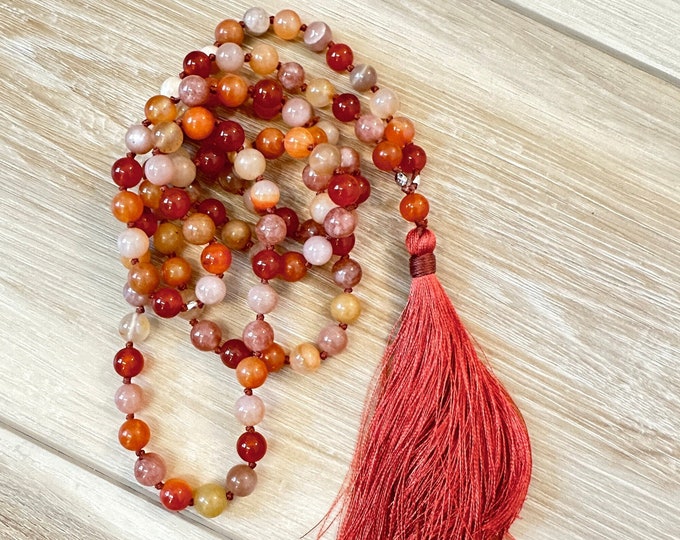 Sacral Chakra Mala Beads - Svadhisthana Mala Necklace - 108 Beads - Hand Knotted  - Carnelian - Aventurine - Moonstone - Sunstone