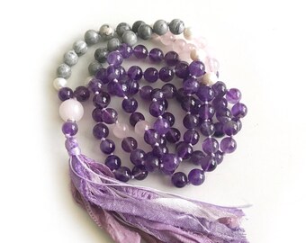 Lift Your Spirits Mala Beads - Amethyst Mala Necklace - Mala Beads 108 - Freshwater Pearl Beads - Sari Silk Tassel - Jasper Beads