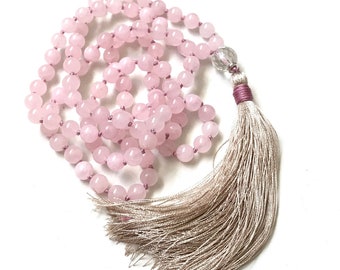 Inner Peace Mala Beads - Rose Quartz Mala Necklace - Hand Knotted 108 Beads - Clear Quartz Guru