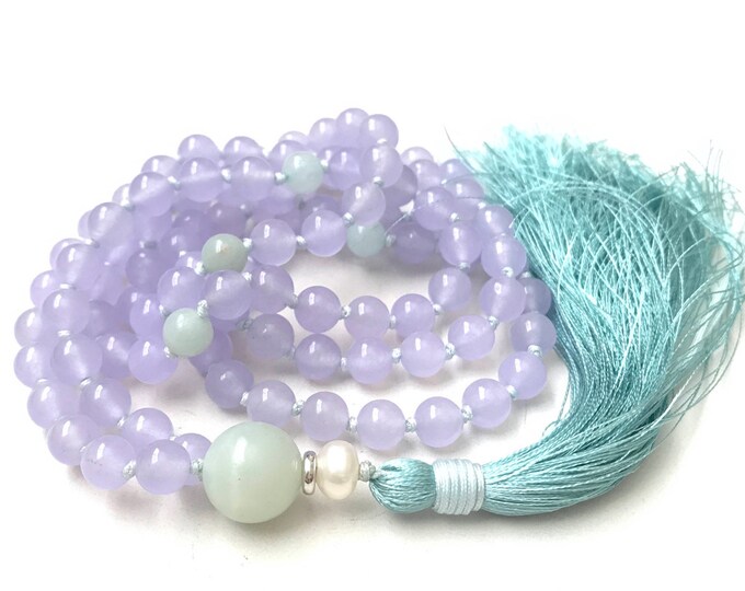 No Limits Mala -  Purple Jade Mala Beads - Amazonite Guru Bead - Freshwater Pearl - 108 Bead Mala - Calming Vibrations - Japa Mala