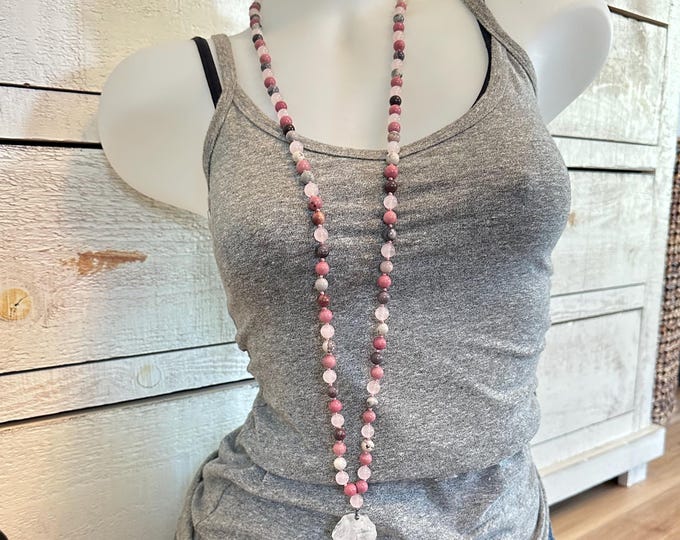 Positivity Mala Beads  - Raw Clear Quartz Guru Bead - Rhodonite and Porcelain Jasper Mala Necklace  - 108 Bead Mala - Meditation Beads