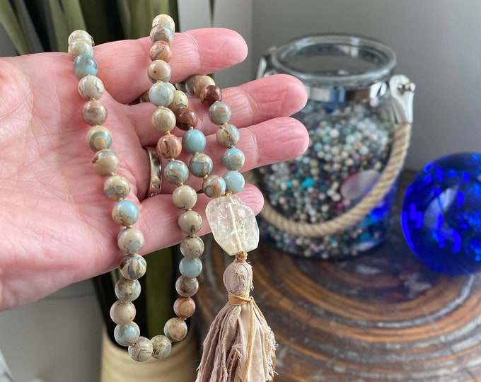 Mala For New Beginnings - 54 Bead Pocket Mala - Citrine Guru Bead - African Opal Mala - Hand Knotted - Travel Mala - Mala For Nurses