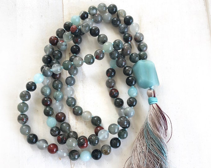 Mala For Courage - Bloodstone Mala Necklace - Root Chakra Mala - Amazonite Guru Bead - 108 Mala Beads - Hand Knotted - Silk Tassel