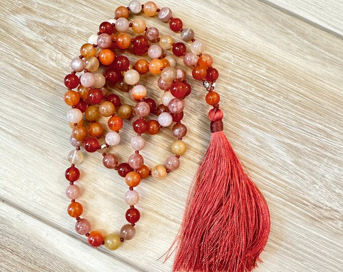 Sacral Chakra Mala Beads - Svadhisthana Mala Necklace - 108 Beads - Hand Knotted  - Carnelian - Aventurine - Moonstone - Sunstone