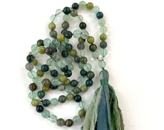 Heart Chakra Mala Beads - Anahata Mala Necklace - Chakra Healing - 108 Beads - Hand Knotted - Moss Agate - Fluorite - Jade - Chrysoprase