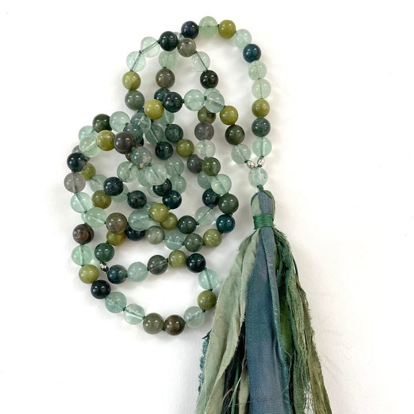 Heart Chakra Mala Beads - Anahata Mala Necklace - Chakra Healing - 108 Beads - Hand Knotted - Moss Agate - Fluorite - Jade - Chrysoprase