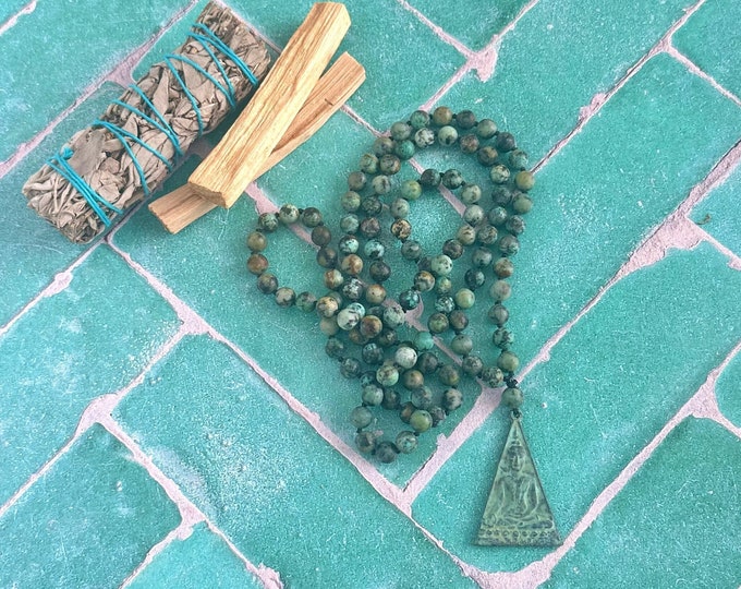 Mala Beads For Change - Buddha Pendant Mala Necklace - African Turquoise Mala Beads - 108 Bead Mala - Third Eye Chakra Mala - Seated Buddha