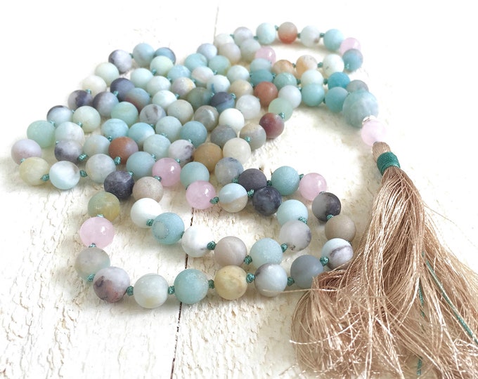 White Jade and Sunstone Hand-Knotted Mala 108 and Guru Bracelet Necklace with 4-mm Beads and a Beaded Tassel 1449