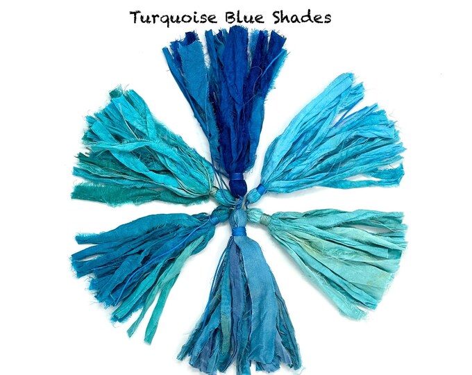 Shades Of Turquoise Blue Sari Silk Tassels - Mala Bead Tassels - Tassels For Craft Project - Customize Your Mala Beads